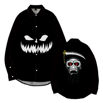 Tarpvalstybinis tiekimas. Helovininės tamsios serijos kaukolės skeleto 3D marškinėliai su atlapu. Korėjietiško stiliaus ploni laisvalaikio marškinėliai ilgomis rankovėmis.