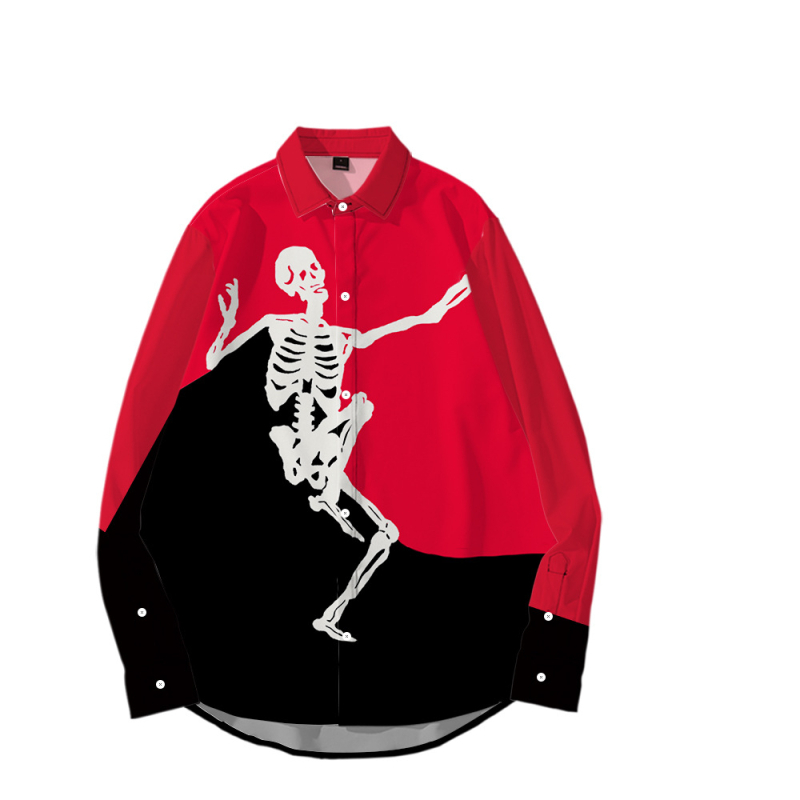 Tarpvalstybinis tiekimas. Helovininės tamsios serijos kaukolės skeleto 3D marškinėliai su atlapu. Korėjietiško stiliaus ploni laisvalaikio marškinėliai ilgomis rankovėmis.