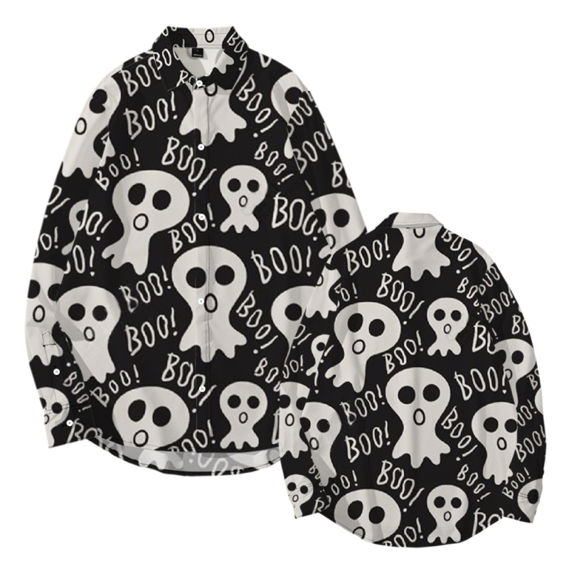 Tarpvalstybinis tiekimas. Helovininės tamsios serijos kaukolės skeleto 3D marškinėliai su atlapu. Korėjietiško stiliaus ploni laisvalaikio marškinėliai ilgomis rankovėmis.