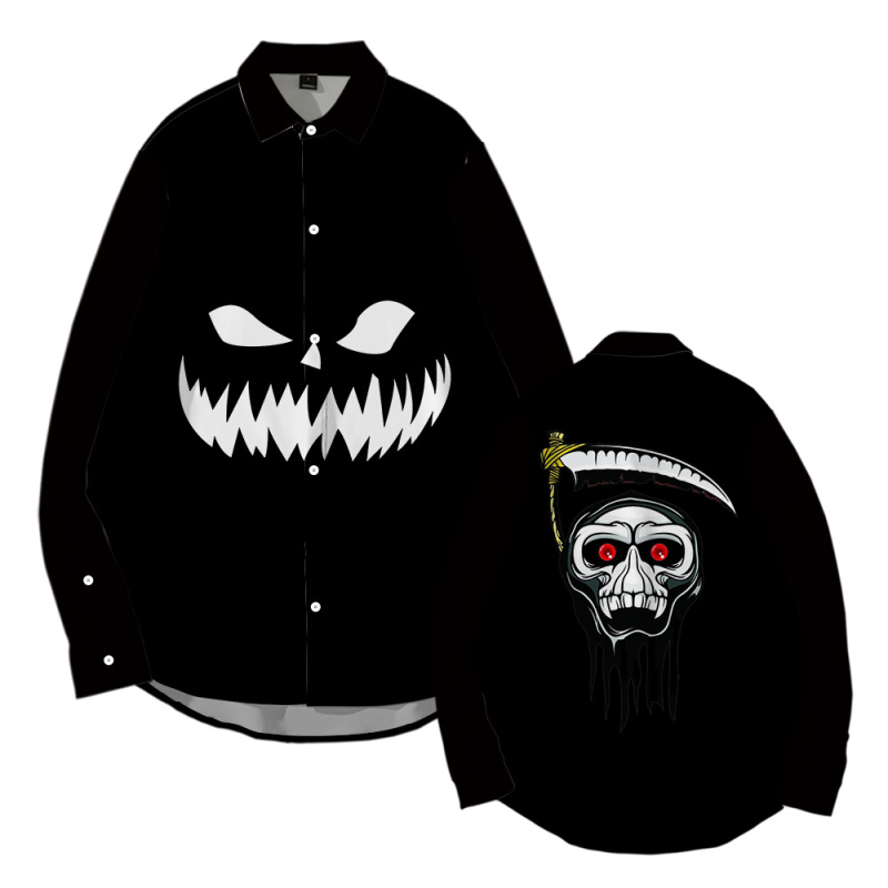 Tarpvalstybinis tiekimas. Helovininės tamsios serijos kaukolės skeleto 3D marškinėliai su atlapu. Korėjietiško stiliaus ploni laisvalaikio marškinėliai ilgomis rankovėmis.