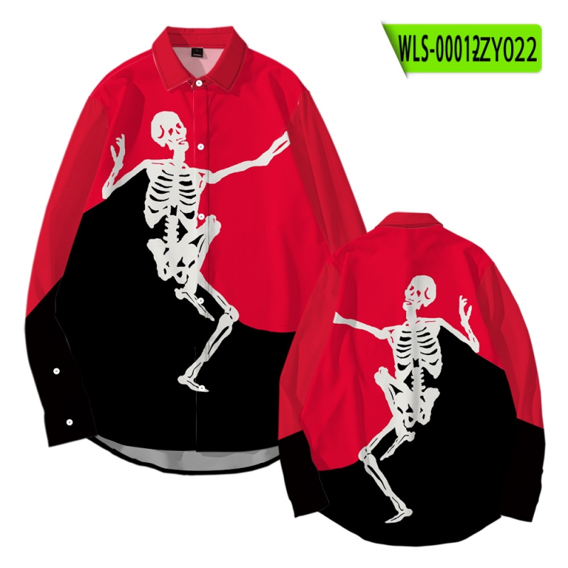 Tarpvalstybinis tiekimas. Helovininės tamsios serijos kaukolės skeleto 3D marškinėliai su atlapu. Korėjietiško stiliaus ploni laisvalaikio marškinėliai ilgomis rankovėmis.