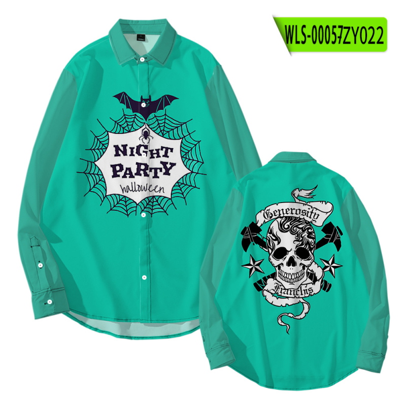 Tarpvalstybinis tiekimas. Helovininės tamsios serijos kaukolės skeleto 3D marškinėliai su atlapu. Korėjietiško stiliaus ploni laisvalaikio marškinėliai ilgomis rankovėmis.