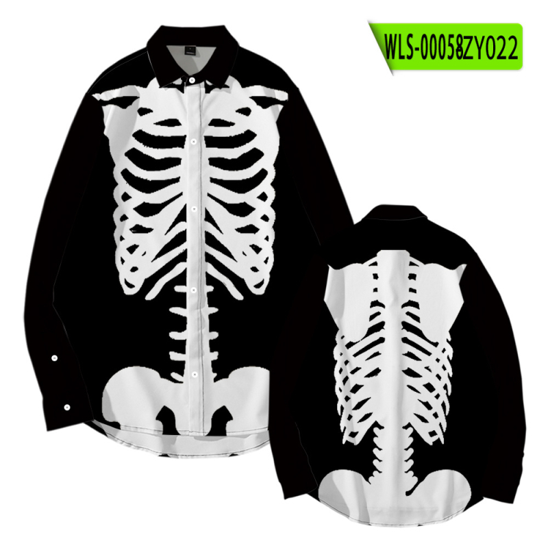 Tarpvalstybinis tiekimas. Helovininės tamsios serijos kaukolės skeleto 3D marškinėliai su atlapu. Korėjietiško stiliaus ploni laisvalaikio marškinėliai ilgomis rankovėmis.