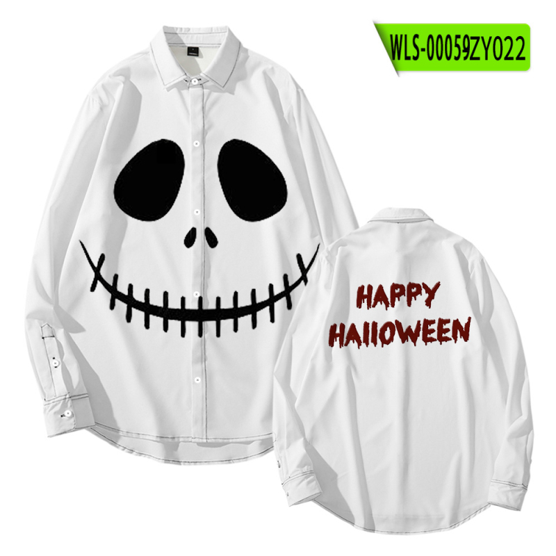 Tarpvalstybinis tiekimas. Helovininės tamsios serijos kaukolės skeleto 3D marškinėliai su atlapu. Korėjietiško stiliaus ploni laisvalaikio marškinėliai ilgomis rankovėmis.