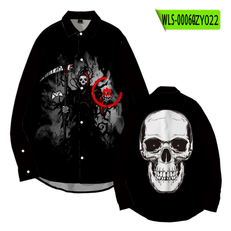 Tarpvalstybinis tiekimas. Helovininės tamsios serijos kaukolės skeleto 3D marškinėliai su atlapu. Korėjietiško stiliaus ploni laisvalaikio marškinėliai ilgomis rankovėmis.