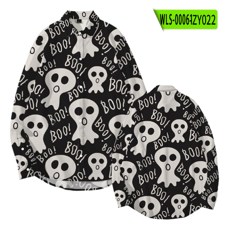 Tarpvalstybinis tiekimas. Helovininės tamsios serijos kaukolės skeleto 3D marškinėliai su atlapu. Korėjietiško stiliaus ploni laisvalaikio marškinėliai ilgomis rankovėmis.