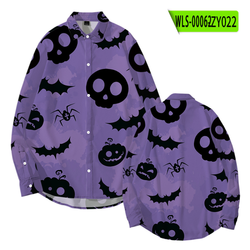 Tarpvalstybinis tiekimas. Helovininės tamsios serijos kaukolės skeleto 3D marškinėliai su atlapu. Korėjietiško stiliaus ploni laisvalaikio marškinėliai ilgomis rankovėmis.