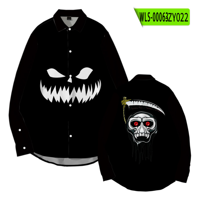 Tarpvalstybinis tiekimas. Helovininės tamsios serijos kaukolės skeleto 3D marškinėliai su atlapu. Korėjietiško stiliaus ploni laisvalaikio marškinėliai ilgomis rankovėmis.