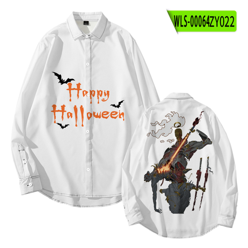 Tarpvalstybinis tiekimas. Helovininės tamsios serijos kaukolės skeleto 3D marškinėliai su atlapu. Korėjietiško stiliaus ploni laisvalaikio marškinėliai ilgomis rankovėmis.