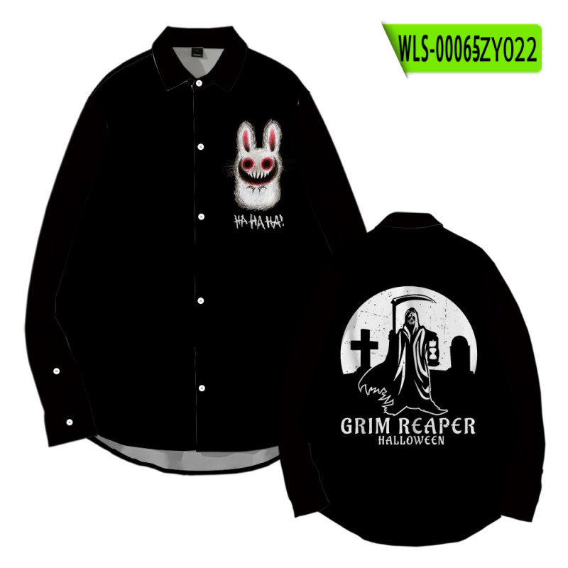 Tarpvalstybinis tiekimas. Helovininės tamsios serijos kaukolės skeleto 3D marškinėliai su atlapu. Korėjietiško stiliaus ploni laisvalaikio marškinėliai ilgomis rankovėmis.