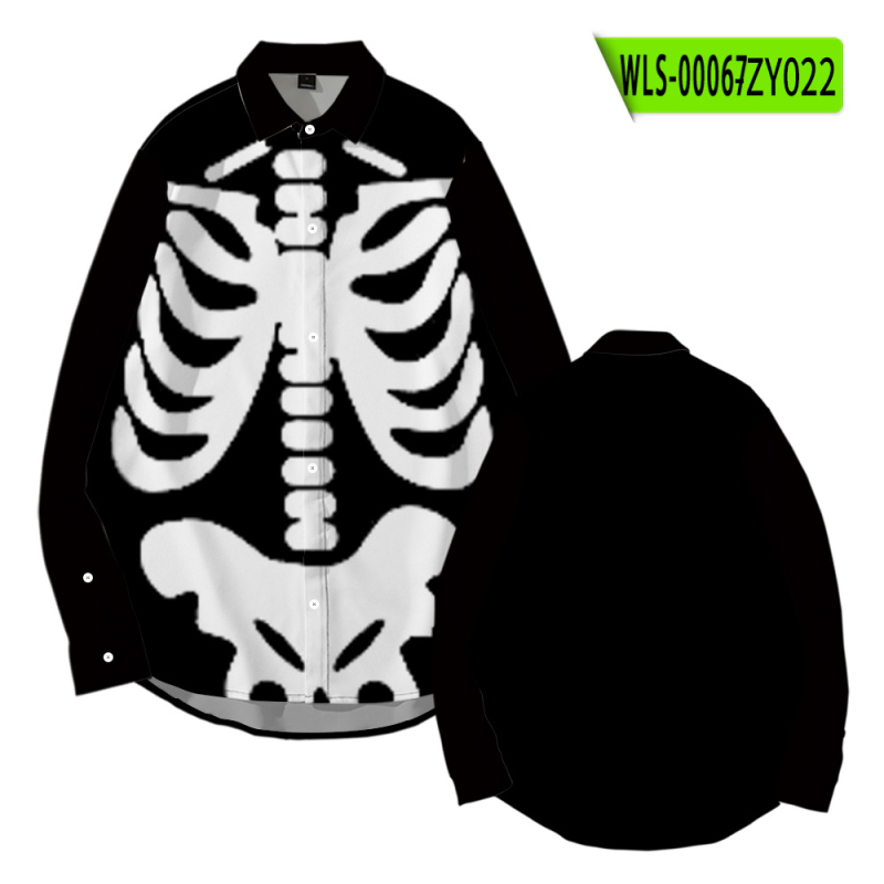 Tarpvalstybinis tiekimas. Helovininės tamsios serijos kaukolės skeleto 3D marškinėliai su atlapu. Korėjietiško stiliaus ploni laisvalaikio marškinėliai ilgomis rankovėmis.