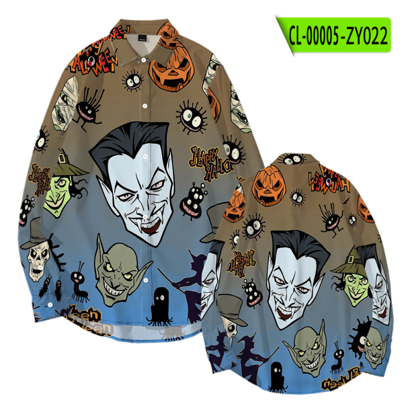 Tarpvalstybinis tiekimas. Helovininės tamsios serijos kaukolės skeleto 3D marškinėliai su atlapu. Korėjietiško stiliaus ploni laisvalaikio marškinėliai ilgomis rankovėmis.