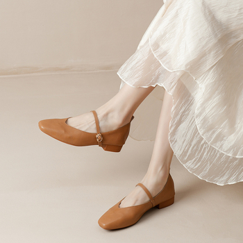 Γνήσια δερμάτινα παπούτσια για γυναίκες με χοντρά τακούνια και ολόσωμα γαλλικά παπούτσια Mary Jane με τετράγωνη μύτη για γυναίκες με μεσαία τακούνια, νέα ευέλικτα γυναικεία παπούτσια για την άνοιξη και το φθινόπωρο