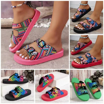 24 Sandale de vară noi pentru femei, mărime mare, cu talpă groasă, cu un singur cuvânt, cu două rânduri de nasturi, care se potrivesc cu culorile, sandale de plajă europene și americane, casual, pentru exterior