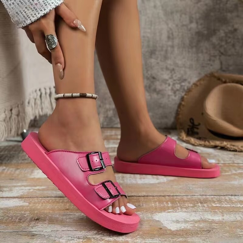 24 Sandale de vară noi pentru femei, mărime mare, cu talpă groasă, cu un singur cuvânt, cu două rânduri de nasturi, care se potrivesc cu culorile, sandale de plajă europene și americane, casual, pentru exterior