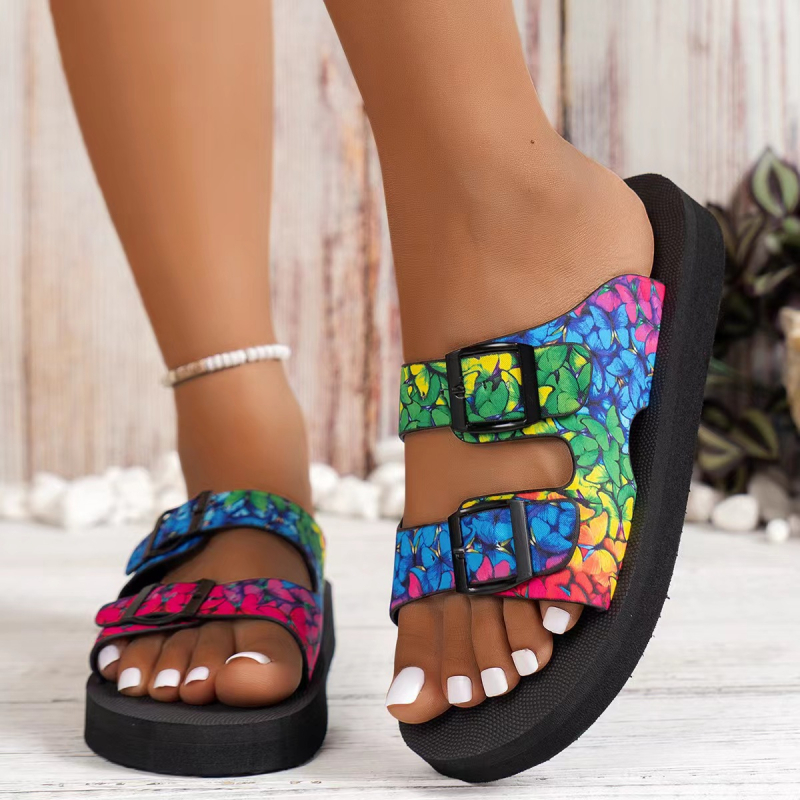 24 Sandale de vară noi pentru femei, mărime mare, cu talpă groasă, cu un singur cuvânt, cu două rânduri de nasturi, care se potrivesc cu culorile, sandale de plajă europene și americane, casual, pentru exterior
