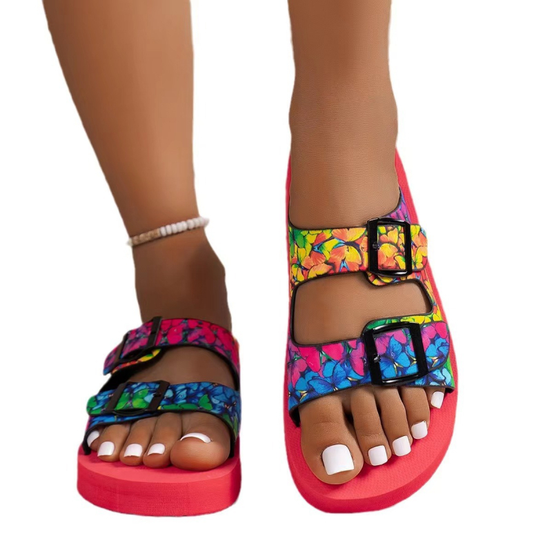 24 Sandale de vară noi pentru femei, mărime mare, cu talpă groasă, cu un singur cuvânt, cu două rânduri de nasturi, care se potrivesc cu culorile, sandale de plajă europene și americane, casual, pentru exterior