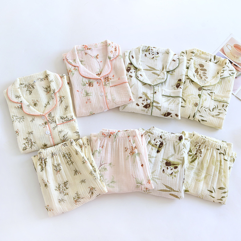 Pijamale duble din tifon pentru femei, primăvara și toamna, pantaloni cu mânecă lungă, costum cu rever, cardigan din bumbac spălat, crep, haine de casă