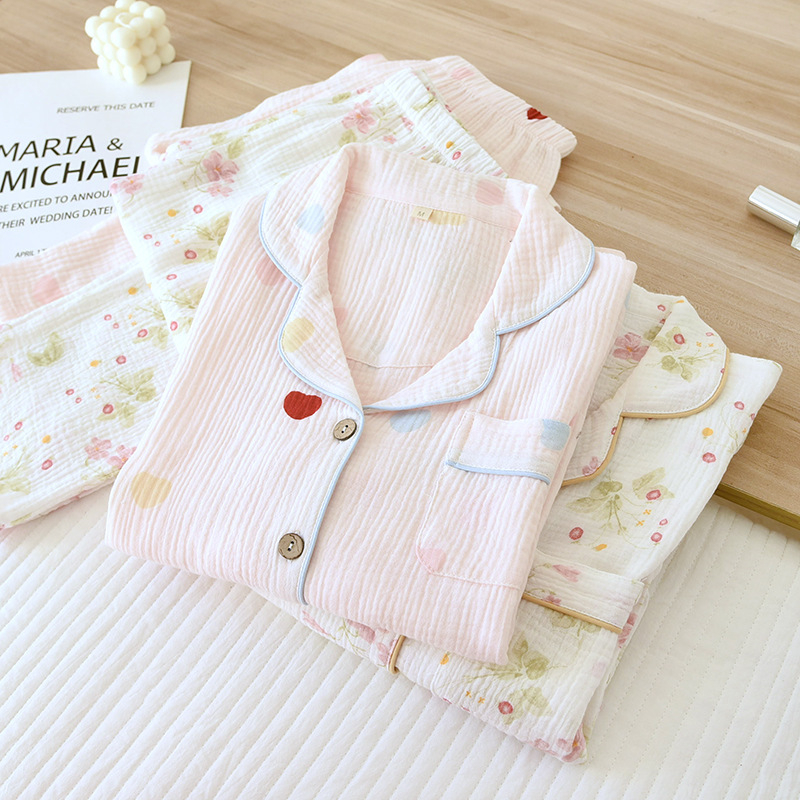 Pijamale duble din tifon pentru femei, primăvara și toamna, pantaloni cu mânecă lungă, costum cu rever, cardigan din bumbac spălat, crep, haine de casă