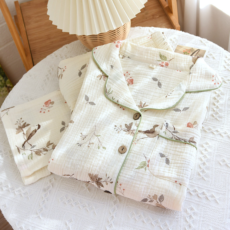 Pijamale duble din tifon pentru femei, primăvara și toamna, pantaloni cu mânecă lungă, costum cu rever, cardigan din bumbac spălat, crep, haine de casă