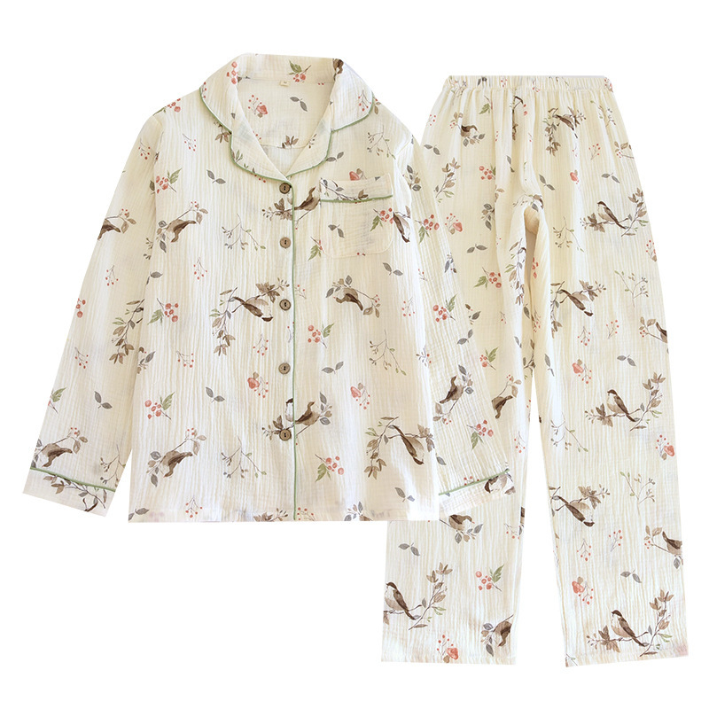 Pijamale duble din tifon pentru femei, primăvara și toamna, pantaloni cu mânecă lungă, costum cu rever, cardigan din bumbac spălat, crep, haine de casă