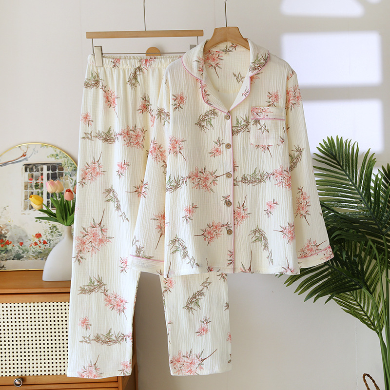 Pijamale duble din tifon pentru femei, primăvara și toamna, pantaloni cu mânecă lungă, costum cu rever, cardigan din bumbac spălat, crep, haine de casă