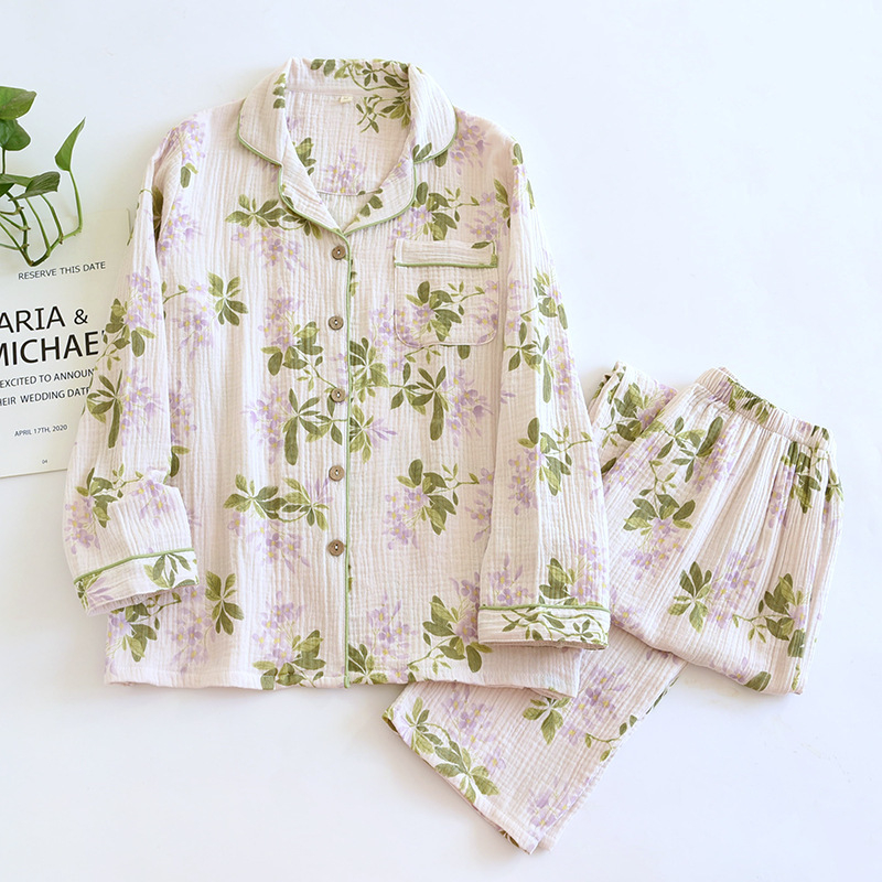 Pijamale duble din tifon pentru femei, primăvara și toamna, pantaloni cu mânecă lungă, costum cu rever, cardigan din bumbac spălat, crep, haine de casă