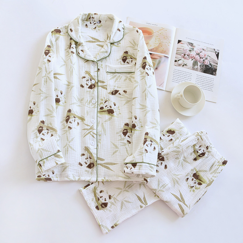 Pijamale duble din tifon pentru femei, primăvara și toamna, pantaloni cu mânecă lungă, costum cu rever, cardigan din bumbac spălat, crep, haine de casă