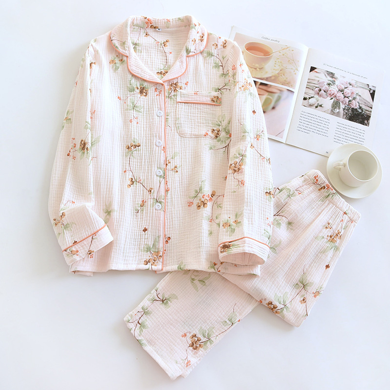 Pijamale duble din tifon pentru femei, primăvara și toamna, pantaloni cu mânecă lungă, costum cu rever, cardigan din bumbac spălat, crep, haine de casă