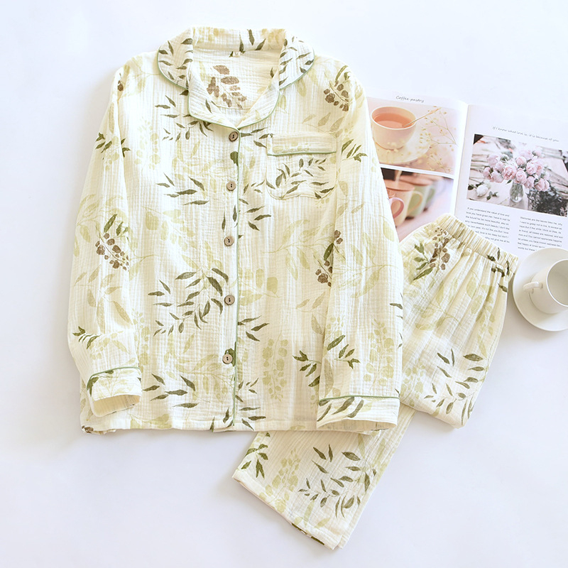 Pijamale duble din tifon pentru femei, primăvara și toamna, pantaloni cu mânecă lungă, costum cu rever, cardigan din bumbac spălat, crep, haine de casă