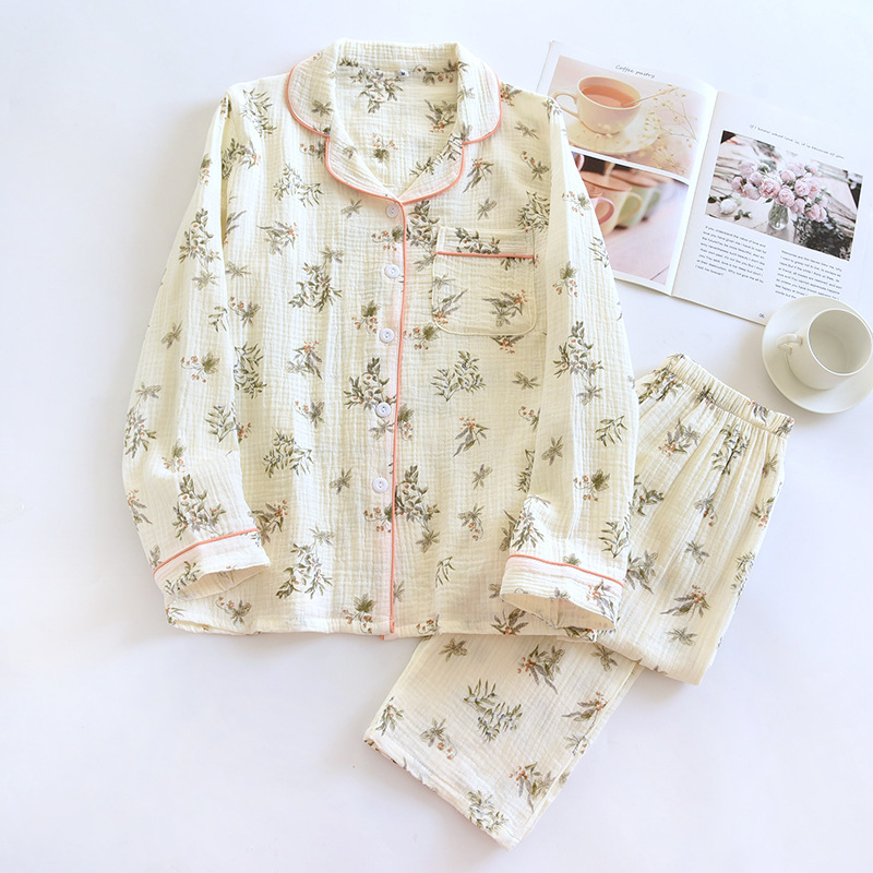 Pijamale duble din tifon pentru femei, primăvara și toamna, pantaloni cu mânecă lungă, costum cu rever, cardigan din bumbac spălat, crep, haine de casă