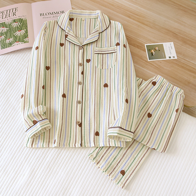 Pijamale duble din tifon pentru femei, primăvara și toamna, pantaloni cu mânecă lungă, costum cu rever, cardigan din bumbac spălat, crep, haine de casă