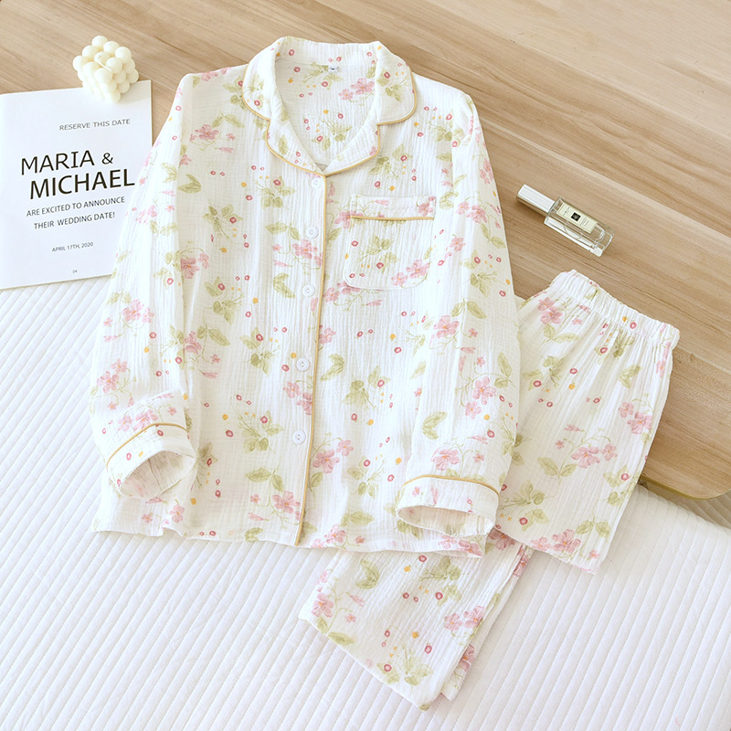 Pijamale duble din tifon pentru femei, primăvara și toamna, pantaloni cu mânecă lungă, costum cu rever, cardigan din bumbac spălat, crep, haine de casă