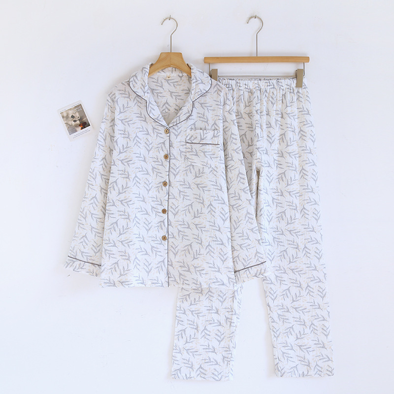 Pijamale duble din tifon pentru femei, primăvara și toamna, pantaloni cu mânecă lungă, costum cu rever, cardigan din bumbac spălat, crep, haine de casă