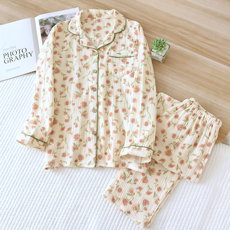 Pijamale duble din tifon pentru femei, primăvara și toamna, pantaloni cu mânecă lungă, costum cu rever, cardigan din bumbac spălat, crep, haine de casă