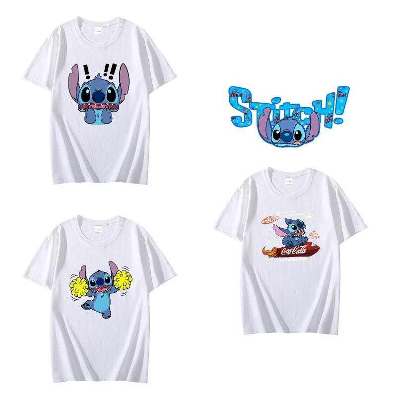 Tricou pentru adulți alb-negru cu mânecă scurtă, casual și versatil, cu imprimeu de desene animate Stitch