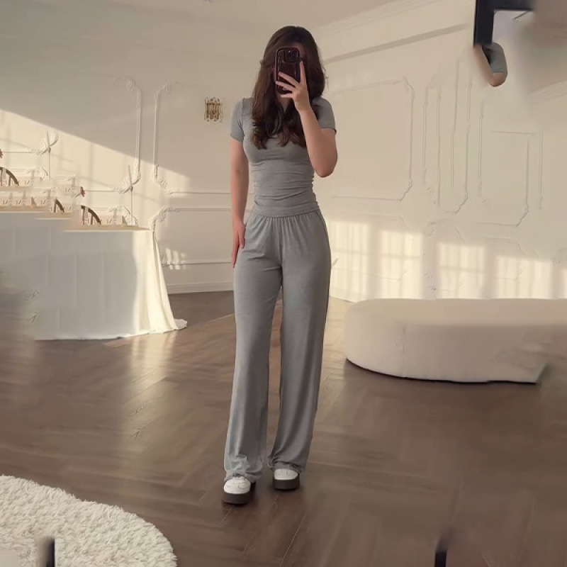 Лято 2025, европейски и американски дамски нови модни панталони с кръгло деколте, с прилепнала кройка, ежедневни, универсални, свободни, еластични, с широки крачоли, за костюми