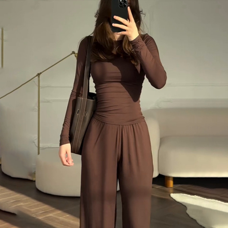 Лято 2025, европейски и американски дамски нови модни панталони с кръгло деколте, с прилепнала кройка, ежедневни, универсални, свободни, еластични, с широки крачоли, за костюми
