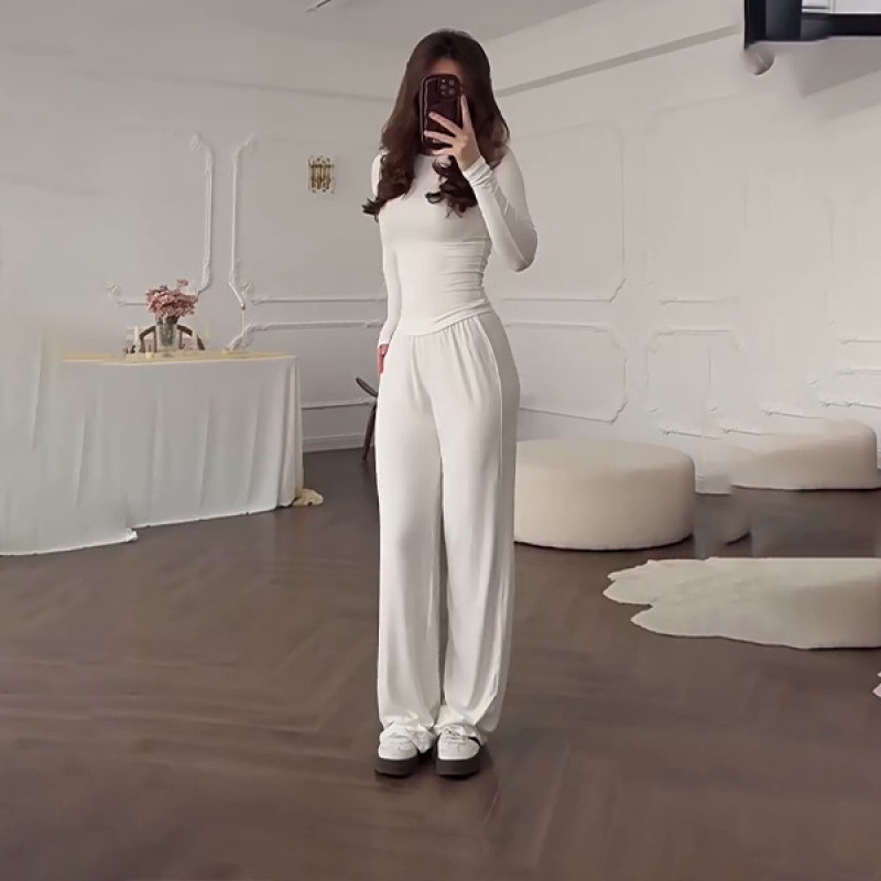 Лято 2025, европейски и американски дамски нови модни панталони с кръгло деколте, с прилепнала кройка, ежедневни, универсални, свободни, еластични, с широки крачоли, за костюми