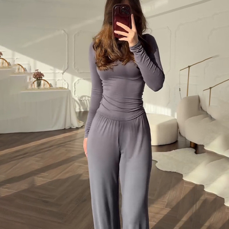 Лято 2025, европейски и американски дамски нови модни панталони с кръгло деколте, с прилепнала кройка, ежедневни, универсални, свободни, еластични, с широки крачоли, за костюми