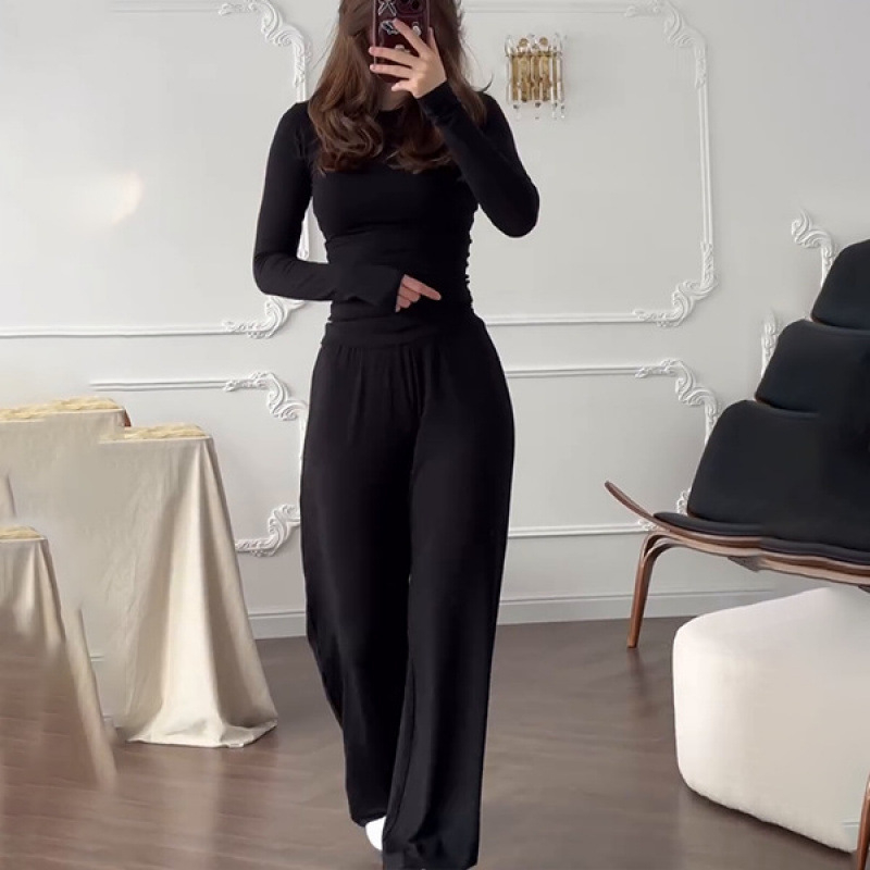 Лято 2025, европейски и американски дамски нови модни панталони с кръгло деколте, с прилепнала кройка, ежедневни, универсални, свободни, еластични, с широки крачоли, за костюми