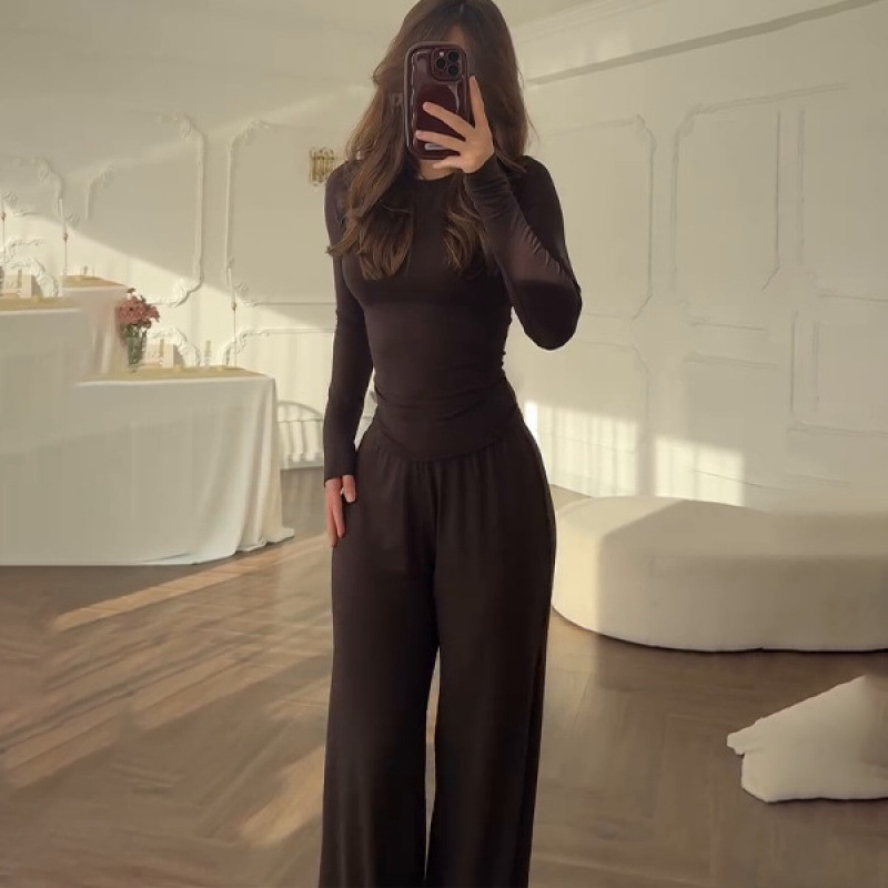 Лято 2025, европейски и американски дамски нови модни панталони с кръгло деколте, с прилепнала кройка, ежедневни, универсални, свободни, еластични, с широки крачоли, за костюми