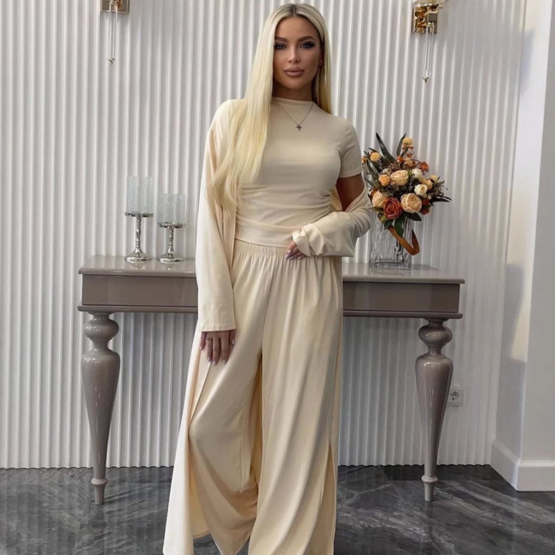 Лято 2025, европейски и американски дамски нови модни панталони с кръгло деколте, с прилепнала кройка, ежедневни, универсални, свободни, еластични, с широки крачоли, за костюми