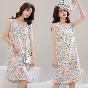 Νυχτικό για γυναίκες Καλοκαιρινές Νέες Πιτζάμες από Βαμβάκι και Μετάξι, Μαμά, Αμάνικο, Μεγάλο Μέγεθος, Φαρδιά Φόρεμα, Μοντέρνο Σπίτι, Δυνατό Φτερό