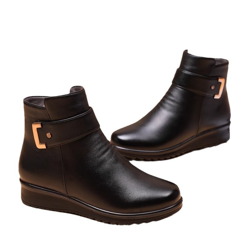 Sieviešu apavi ar vilnas oderi, sabiezināti, plakani, īsi zābaki, paredzēti pusmūža un vecāka gadagājuma sievietēm, silti Martina zābaki sievietēm, 2024. gada ziema.