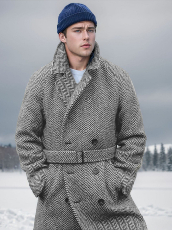 2024 m. europietiško dydžio rudens ir žiemos naujas vyriškas vidutinio ilgio vilnonis languotas dvieilis medvilninis paltas