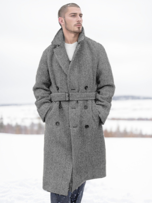 2024 m. europietiško dydžio rudens ir žiemos naujas vyriškas vidutinio ilgio vilnonis languotas dvieilis medvilninis paltas