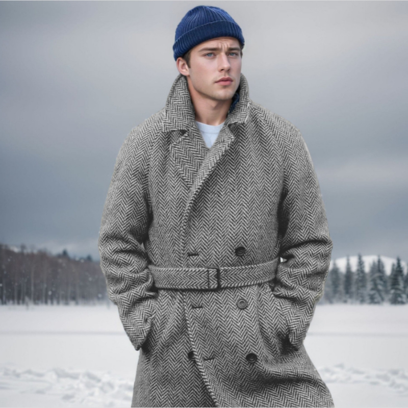 2024 m. europietiško dydžio rudens ir žiemos naujas vyriškas vidutinio ilgio vilnonis languotas dvieilis medvilninis paltas