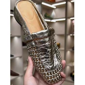 2025 m. naujo stiliaus prancūziški retro stiliaus bateliai su kvadratinėmis nosimis, iškirptais pintomis pintomis storomis kulnomis moterims, vienos kojos nosimi laisvalaikio šlepetės moterims