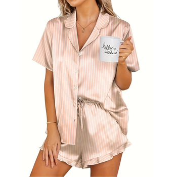 Σετ πιτζάμες από σατέν και ριγέ καλοκαιρινό ύφασμα για γυναίκες, σορτς με βολάν, ζακέτα, μετάξι και σατέν, ρούχα για το σπίτι